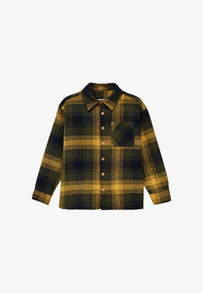 Camicia in flanella a quadri giallo e blu navy con maniche lunghe, colletto a punta e tasca frontale. Presenta bottoni di legno e una vestibilità comoda.