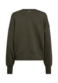 Olivgrön sweatshirt, blandning av bomull, avslappnad passform, sänkt axel, ribbade ärmslut och fåll; har en liten metallisk logotyp på baksidan.