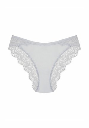 Light blue lace panties with scalloped edges, featuring a smooth central panel and delicate floral lace trim along the waist and legs.