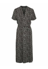 Leopardmönstrad maxiklänning med korta ärmar, knapplång front och cinchad midja. Tillverkad av lätt, mjukt tyg.