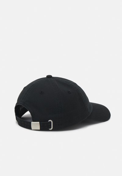 Casquette de baseball noire en coton, avec une visière courbée, une bande réglable avec un curseur en métal et un bouton supérieur cousu.