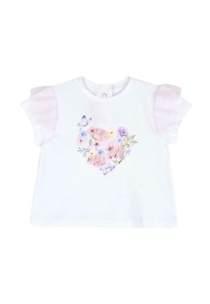 Bílé tričko pro batole s růžovými průsvitnými volánovými rukávy a květinovým srdíčkovým motivem s motýly v pastelových barvách na přední straně.
