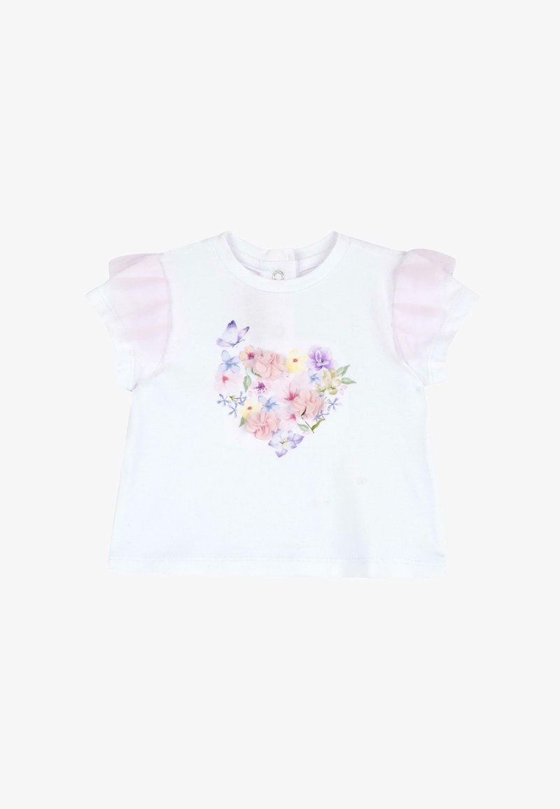 Hvid småbørns T-shirt med lyserøde transparente flæseærmer og et hjerteformet blomstermotiv med sommerfugle i pastelfarver på forsiden.