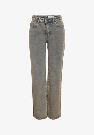 Rettbenede vasket grå denimjeans med fremre lommer, beltehemper og knapp-og-glidelås-lukking i livet.