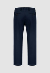 Pantaloni blu navy con una texture liscia, dotati di cintura con passanti, due tasche posteriori e un taglio a gamba dritta.