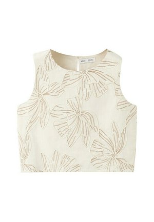 Haut court sans manches beige avec grands motifs floraux brodés en marron clair, encolure ronde et fermeture éclair au dos.