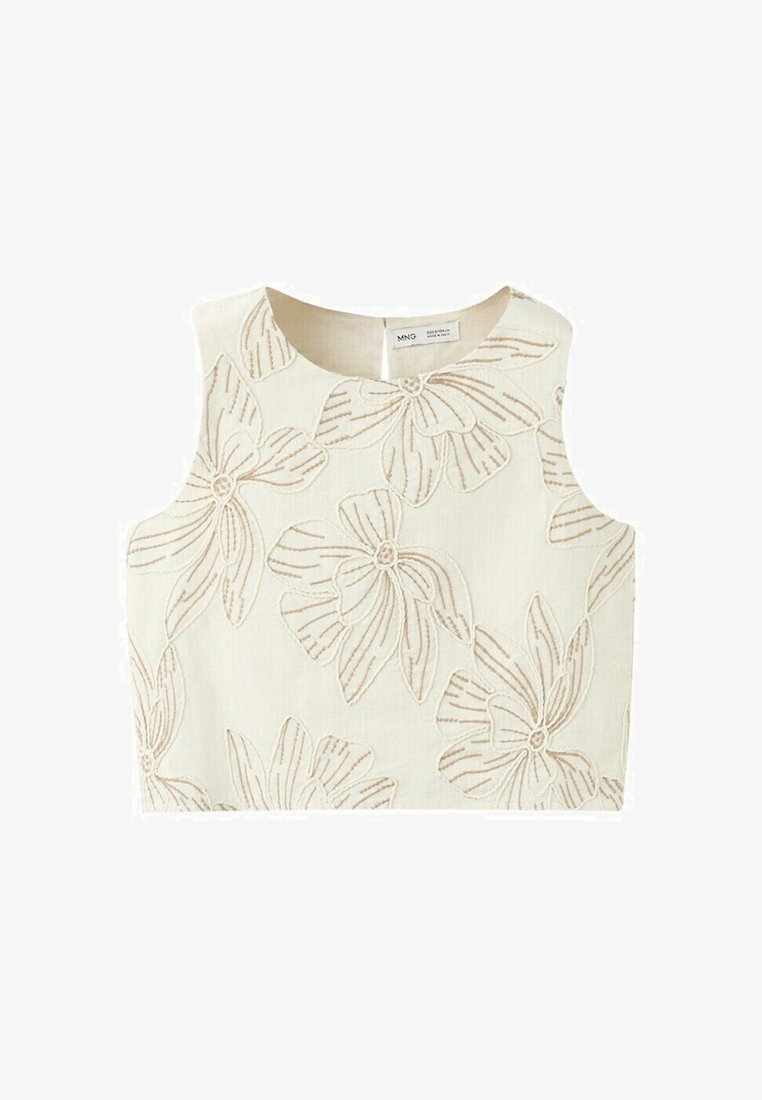 Top bej cropped fără mâneci, cu modele mari florale brodate în maro deschis, decolteu rotund și închidere cu fermoar la spate.