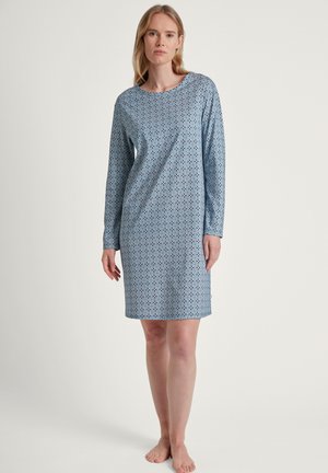 Camicia da notte blu con motivo, dotata di maniche lunghe, scollatura rotonda e taglio dritto, realizzata in tessuto morbido con un design geometrico.