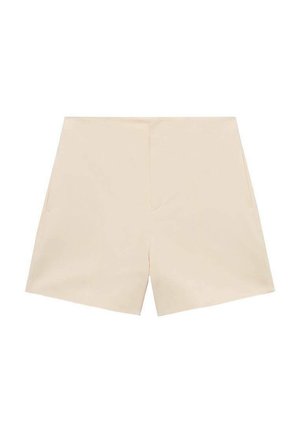 Béžové kraťasy s hladkou texturou, se šitým designem a dvěma předními kapsami. Tvar je rovný s středním pasem.