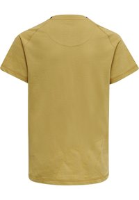 Gul kortärmad t-shirt med rund halsringning, som har ett subtilt geometriskt mönster vid nederkanten och axelsömmarna.