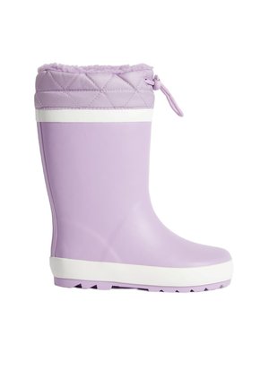 Lila Gummistiefel mit einem gesteppte Stoffbund, weißem Streifen am Fuß und einer strukturierten Sohle für besseren Halt. Mit einer Zugband oben.