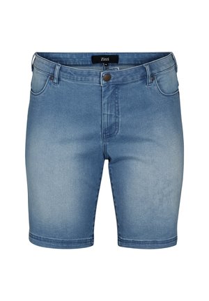 Jasnoniebieskie szorty dżinsowe, z klasycznym pięciokomorowym wzornictwem, przeszyciami oraz zapięciem na guzik z przodu.