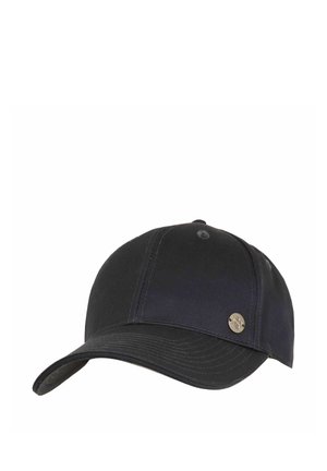 Black baseball cap with curved brim and small round metallic logo on the side, displayed against a white background.