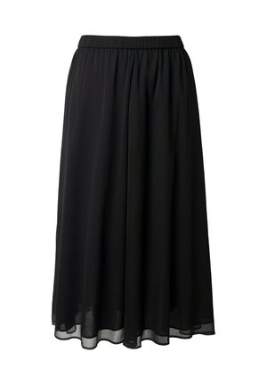 Czarna spódnica midi wykonana z lekkiego materiału, z elastycznym paskiem w talii oraz płynną sylwetką z prześwitującym wykończeniem na dole.