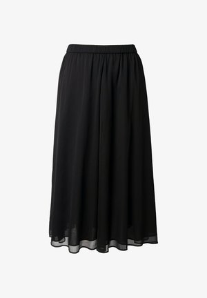 Czarna spódnica midi wykonana z lekkiego materiału, z elastycznym paskiem w talii oraz płynną sylwetką z prześwitującym wykończeniem na dole.