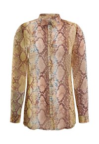 Chemise à manches longues boutonnée, présentant un motif multicolore d'imprimé serpent en nuances de marron, vert et bleu, avec un col classique et une texture lisse.