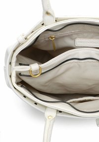Borsa a mano in pelle bianca con dettagli della cerniera neri, fodera interna beige e con ferrature dorate. Presenta più scomparti per l'organizzazione.