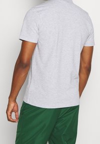 Man som bär en ljusgrå kortärmad polo-tröja och mörkgröna byxor, sedd bakifrån med en arm avslappnad.