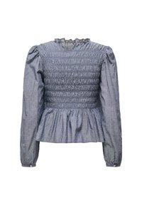 Blaue texturierte Bluse mit langen Ärmeln, die über Rüschen-Details, einen Rüschenausschnitt und einen Peplum-Saum verfügt. Punktedesign im gesamten Stoff.