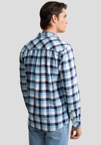 Langarm geruit overhemd in licht en donkerblauw met witte accenten, met een button-down kraag en zachte stof. Zichtbare rugplooidetail.