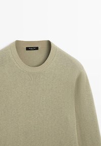 Lichtgroene gebreide trui met een ronde hals en geribde kraag. Soepele textuur, eenvoudig ontwerp, label met opschrift "Massimo Dutti".