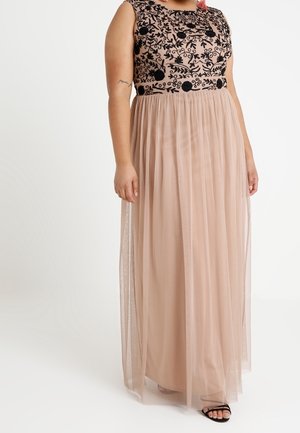 Sukienka maxi z czarnym haftowanym gorsetem i nude tiulową spódnicą. Posiada bezrękawnik i zwiewną, przezroczystą teksturę.