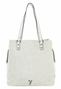 Biała ażurowa torba typu tote z czarną lamówką, dwoma solidnymi uchwytami i zapinanymi na zamek bocznymi kieszeniami. Na przodzie delikatne logo.