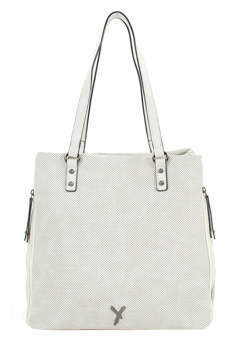 Biała ażurowa torba typu tote z czarną lamówką, dwoma solidnymi uchwytami i zapinanymi na zamek bocznymi kieszeniami. Na przodzie delikatne logo.