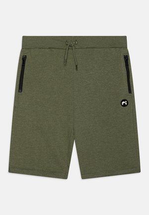 Oliven grønne shorts laget av mykt stoff, med elastisk midje og snøring, samt to glidelåslommer på sidene.