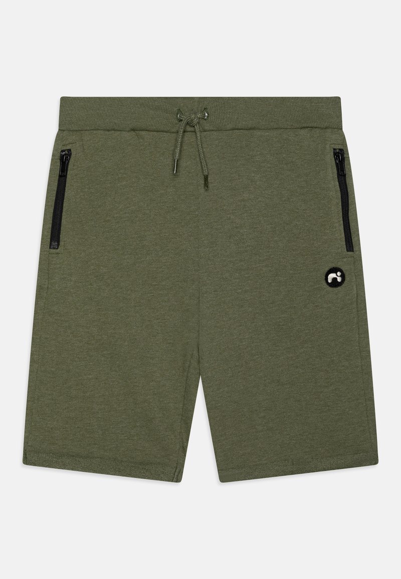 Olivové kraťasy z mäkkého materiálu, s elastickým pásom na šnúrku a dvomi bočnými vreckami na zips.