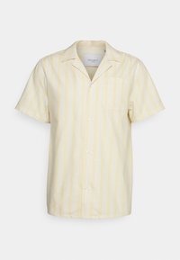 Lyhythihainen kauluksellinen paita vaaleankeltaisena, jossa valkoiset pystysuorat raidat. Edessä rinnassa tasku ja napit etuosassa.