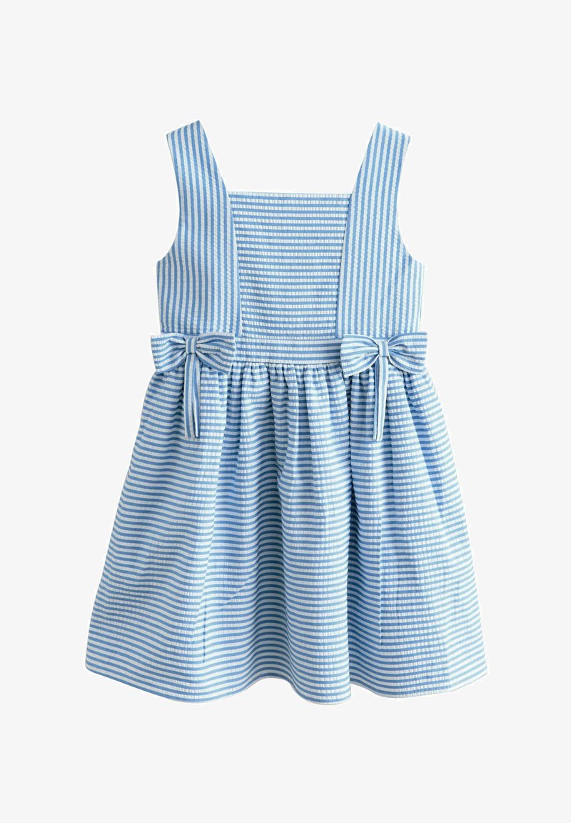Robe sans manches rayée bleu et blanc avec un décolleté carré et deux nœuds décoratifs à la taille sur une jupe froncée.