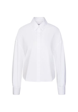 Witte lange mouw knopen-overhemd met verborgen knopen, puntige kraag, verlaagde schouders en brede manchetten.