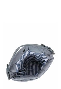 Sac à main gris doux avec intérieur en tissu rayé bleu et blanc, doté d'une poche zippée latérale et d'un détail boucle sur la sangle.