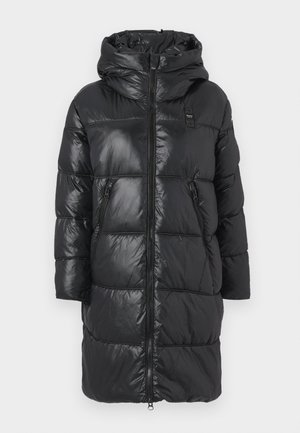 Black puffer jacket with a hood, featuring a quilted design, front zipper, and two zippered side pockets. Smooth, shiny fabric.