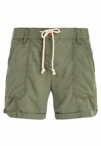 Shorts en coton verts avec une taille à cordon de serrage, deux poches latérales et des ourlets roulés. Texture lisse avec des détails de couture visibles.