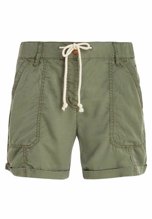 Groene katoenen shorts met een trekkoord in de taille, twee zijzakken en opgerolde manchetten. Zachte textuur met zichtbare stikseldetails.