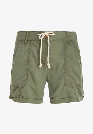 Shorts en coton verts avec une taille à cordon de serrage, deux poches latérales et des ourlets roulés. Texture lisse avec des détails de couture visibles.