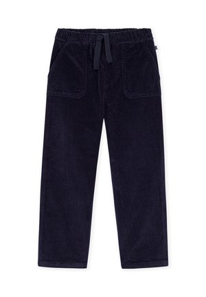 Dunkel marineblaue Cordhose mit elastischem Bund, vorderem Kordelzug und zwei großen aufgesetzten Taschen vorne.