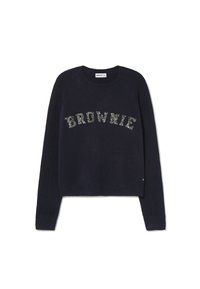 Pull bleu marine avec un col rond, des manches longues, et "BROWNIE" en lettres métalliques argentées décoratives sur la poitrine. Texture douce.