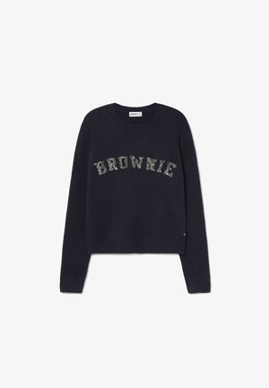 Navy blue sweater with a rounded neckline, long sleeves, and "BROWNIE" in decorative silver letters across the chest. Soft texture.