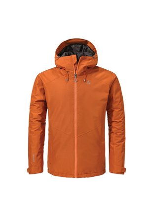 Giacca impermeabile arancione con cappuccio, zip frontale e polsini regolabili. Caratterizzata da un design elegante e una discreta marchiatura sulla manica.