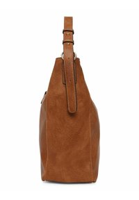Bruine leren handtas met een gestructureerde afwerking, voorzien van een verstelbare schouderriem en een zijrits zak. Slanke driehoekige vorm.