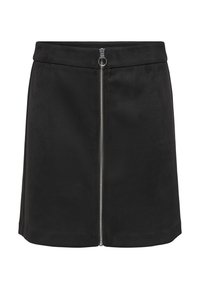 Svart skjørt laget av et glatt stoff; har en frontlås og en tettsittende midje. Elegant, minimalistisk design uten mønstre.