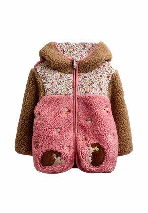 Børnejakke med lynlås med brune ærmer, blomstret øverste del og pink fleece forlommer dekoreret med pindsvineapplikationer og små blomster.