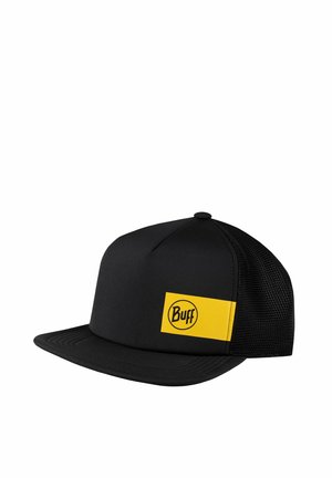 Black trucker cap with mesh back and flat brim, featuring a yellow rectangular patch with "Buff" logo on the front right side.