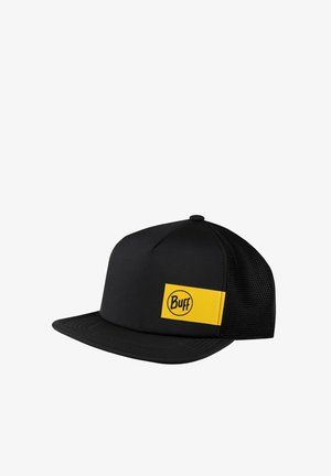 Black trucker cap with mesh back and flat brim, featuring a yellow rectangular patch with "Buff" logo on the front right side.