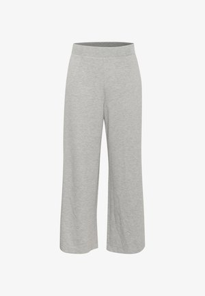 Pantaloni larghi grigi realizzati in tessuto morbido e elastico; dotati di una vita elasticizzata; texture liscia senza motivi o decorazioni visibili.