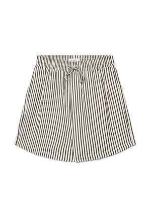 Black and white vertical striped shorts with elastic waistband and front drawstring, relaxed fit, knee-length style.