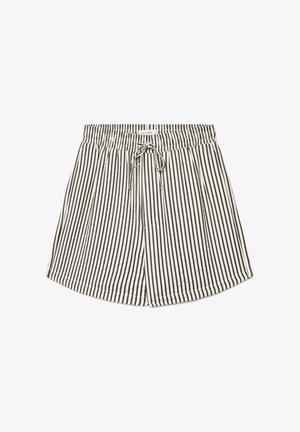 Black and white vertical striped shorts with elastic waistband and front drawstring, relaxed fit, knee-length style.